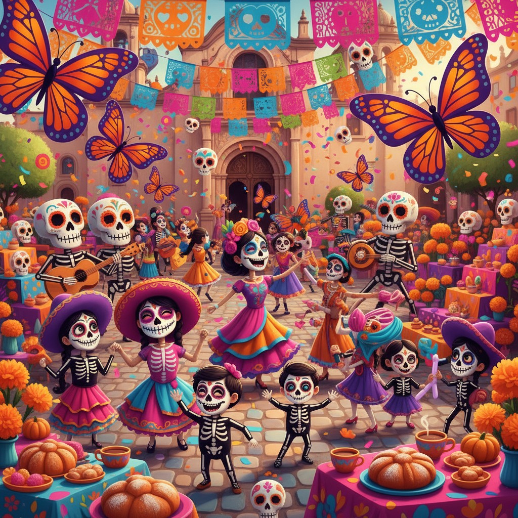 alt text for image: A whimsical cartoon scene of a Day of the Dead celebration, featuring a lively gathering of children a...