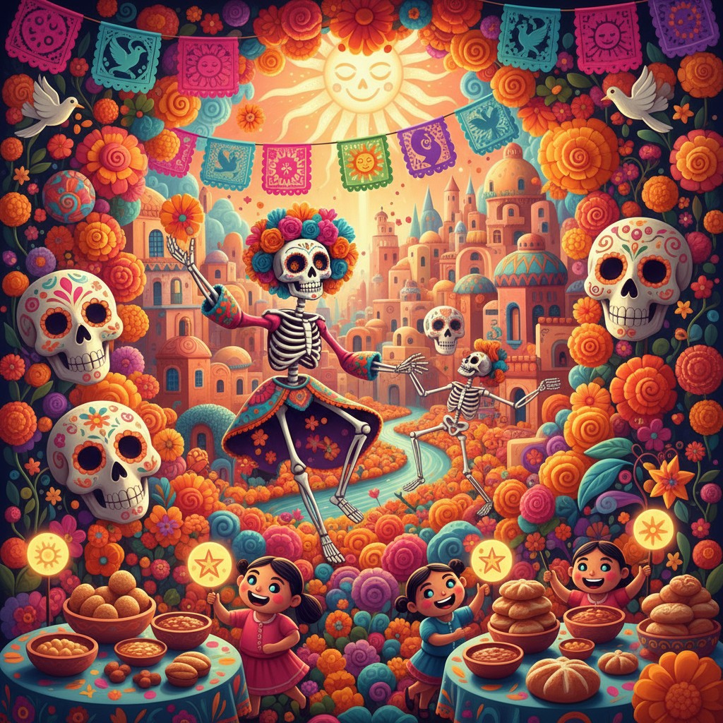 A vibrant Day of the Dead scene featuring a skeleton dancing with another skeleton and children celebrating with bread and...