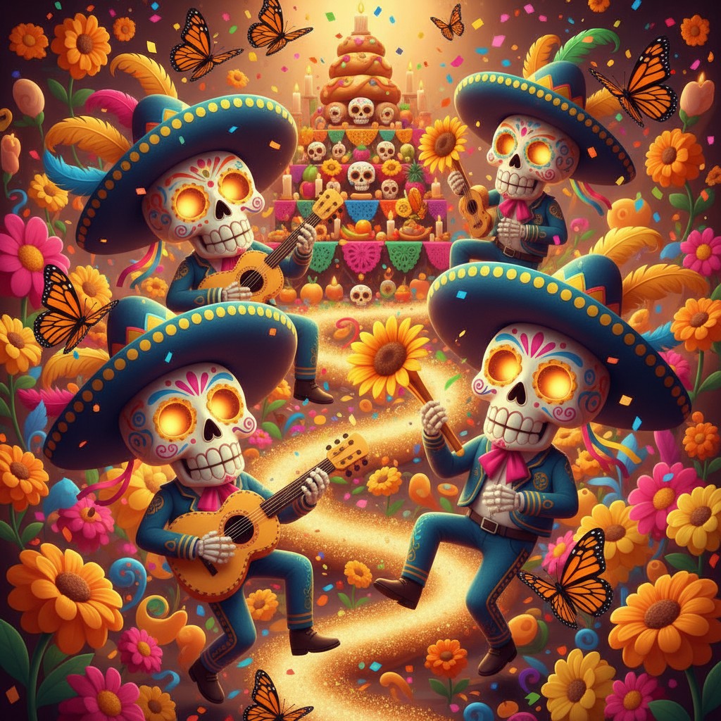 alt text: Vibrant digital illustration of four skeletal mariachi musicians dancing among vibrant flowers and butterflies i...